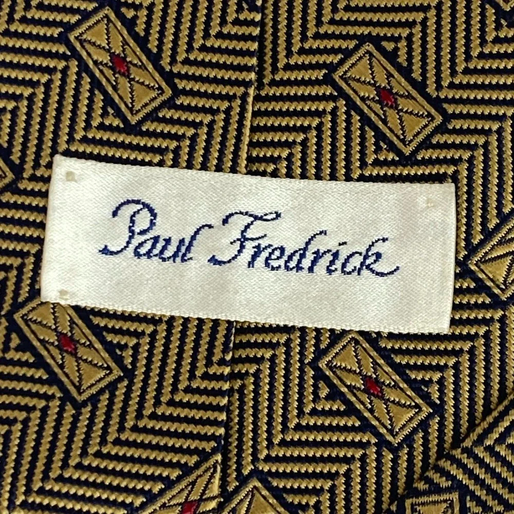 PAUL FREDRICK‎ Mens Silk Necktie Navy Gold Geometric Rectangles 57
